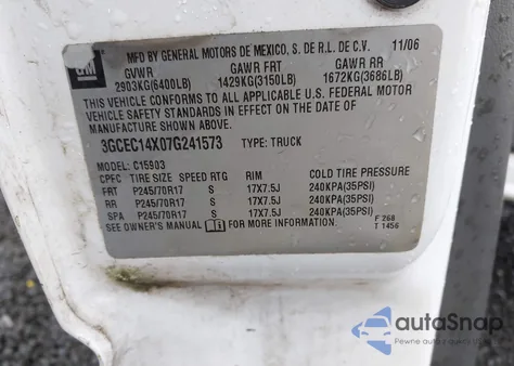 2007 Chevrolet Silverado 1500 Classic Work Truck from USA, damaged, VIN 3GCEC14X07G241573